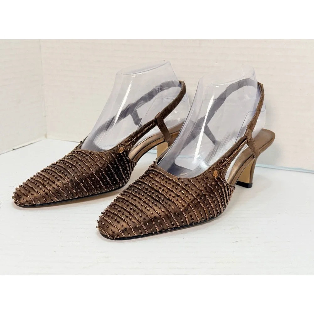 Dolce by Pierre Eleganza Women's Bronze‎ Beaded Slingback Heels Size 7.5M